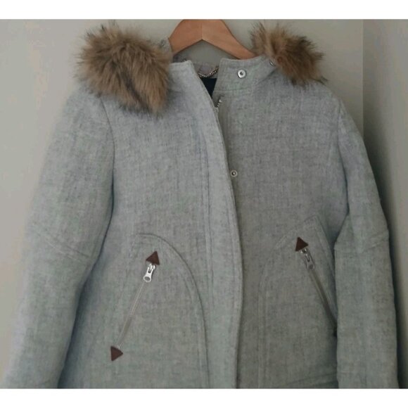 J. Crew Chateau Parka Italian Stadium-Cloth Wool Coat Size 4 Gray Fur Trim Hood - Picture 3 of 11